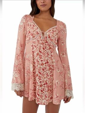Pink Floral Lace-Trim Mini Dress
